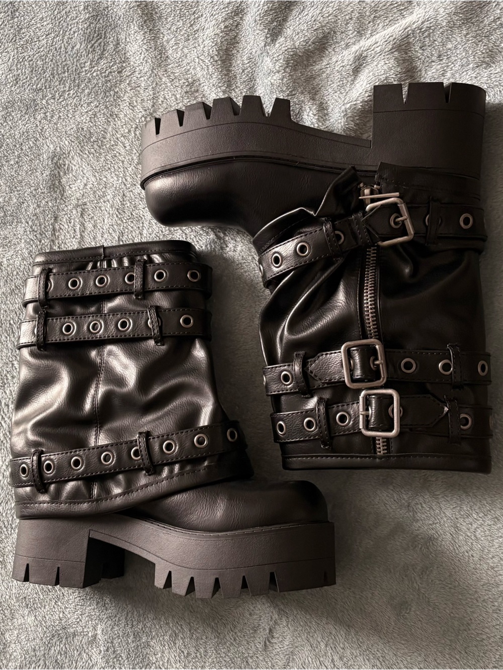 Women's Black Chunky Buckle Combat Boots with Lug Sole